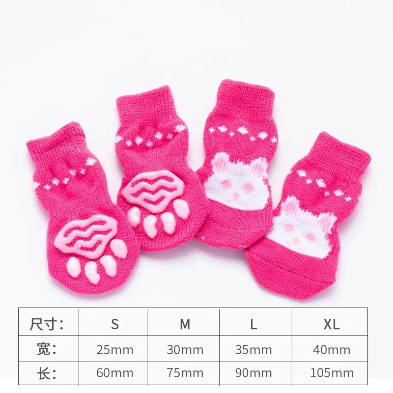 4 Pcs/set of Cute Pet Dog Socks with Printed Non-slip Cat and Puppy Shoes To Protect and Prevent Dirt Warm Pet Socks