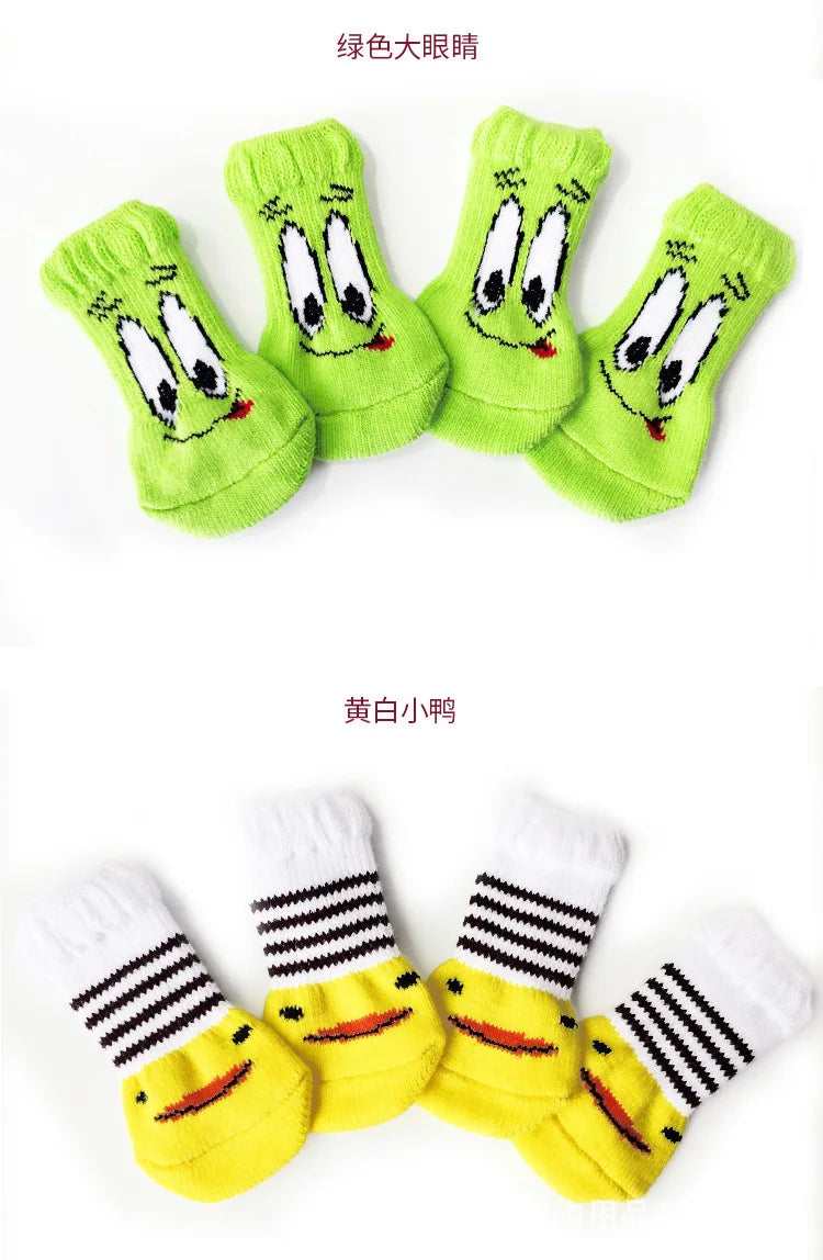 4 Pcs/set of Cute Pet Dog Socks with Printed Non-slip Cat and Puppy Shoes To Protect and Prevent Dirt Warm Pet Socks