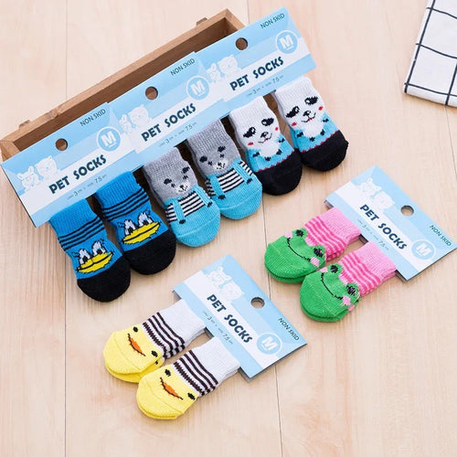 4 Pcs/set of Cute Pet Dog Socks with Printed Non-slip Cat and Puppy Shoes To Protect and Prevent Dirt Warm Pet Socks