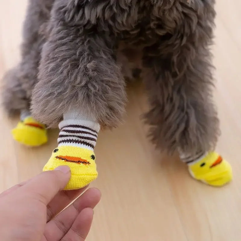 4 Pcs/set of Cute Pet Dog Socks with Printed Non-slip Cat and Puppy Shoes To Protect and Prevent Dirt Warm Pet Socks