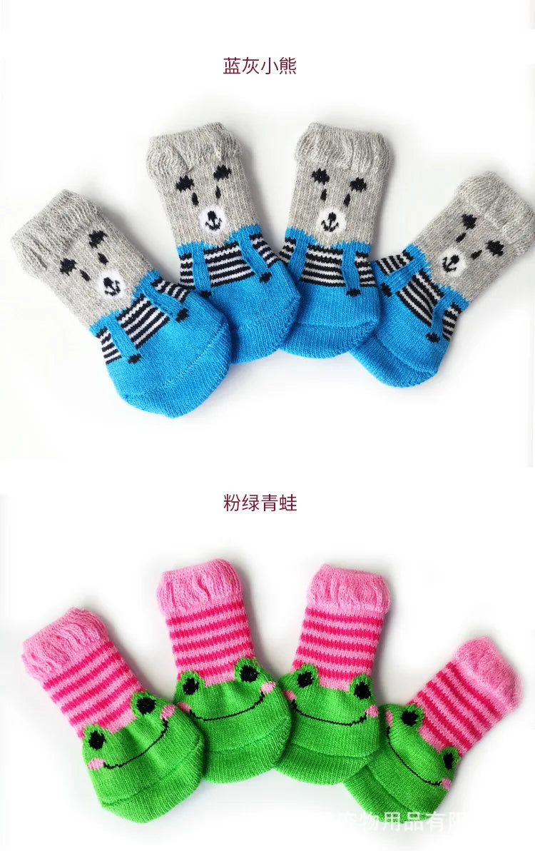 4 Pcs/set of Cute Pet Dog Socks with Printed Non-slip Cat and Puppy Shoes To Protect and Prevent Dirt Warm Pet Socks