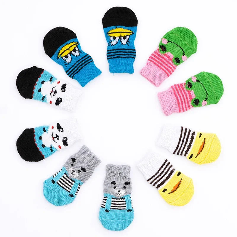 4 Pcs/set of Cute Pet Dog Socks with Printed Non-slip Cat and Puppy Shoes To Protect and Prevent Dirt Warm Pet Socks