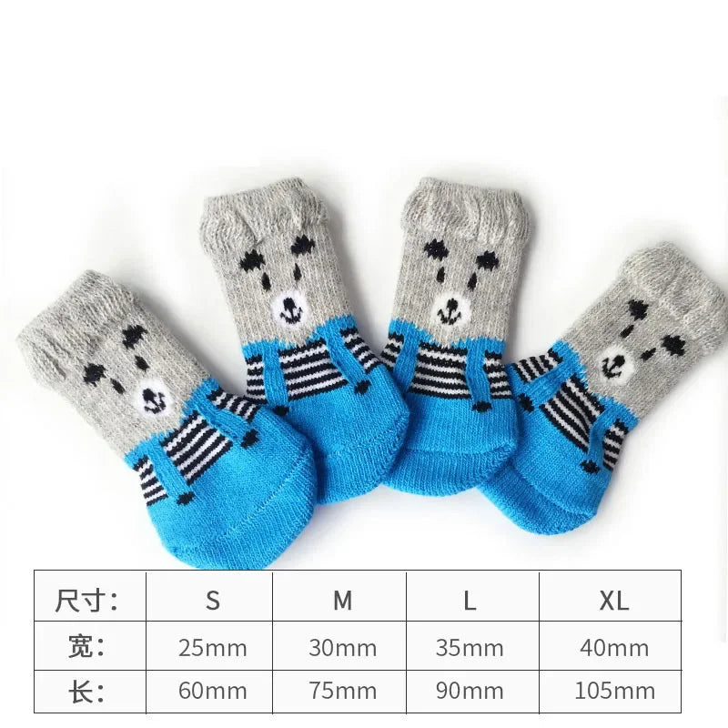 4 Pcs/set of Cute Pet Dog Socks with Printed Non-slip Cat and Puppy Shoes To Protect and Prevent Dirt Warm Pet Socks