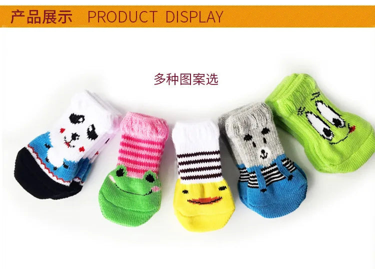 4 Pcs/set of Cute Pet Dog Socks with Printed Non-slip Cat and Puppy Shoes To Protect and Prevent Dirt Warm Pet Socks