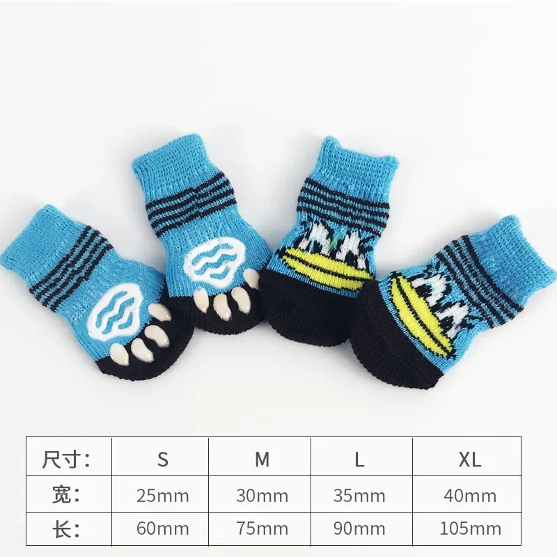 4 Pcs/set of Cute Pet Dog Socks with Printed Non-slip Cat and Puppy Shoes To Protect and Prevent Dirt Warm Pet Socks